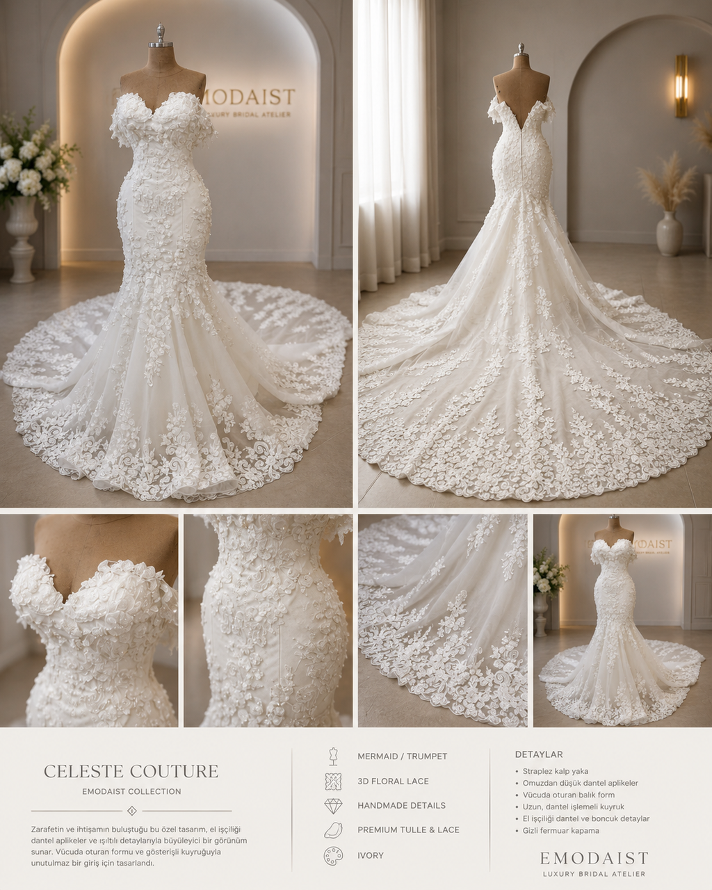 Isabella | Off-the-Shoulder Mermaid Wedding Dress with Floral Lace& Cathedral Train