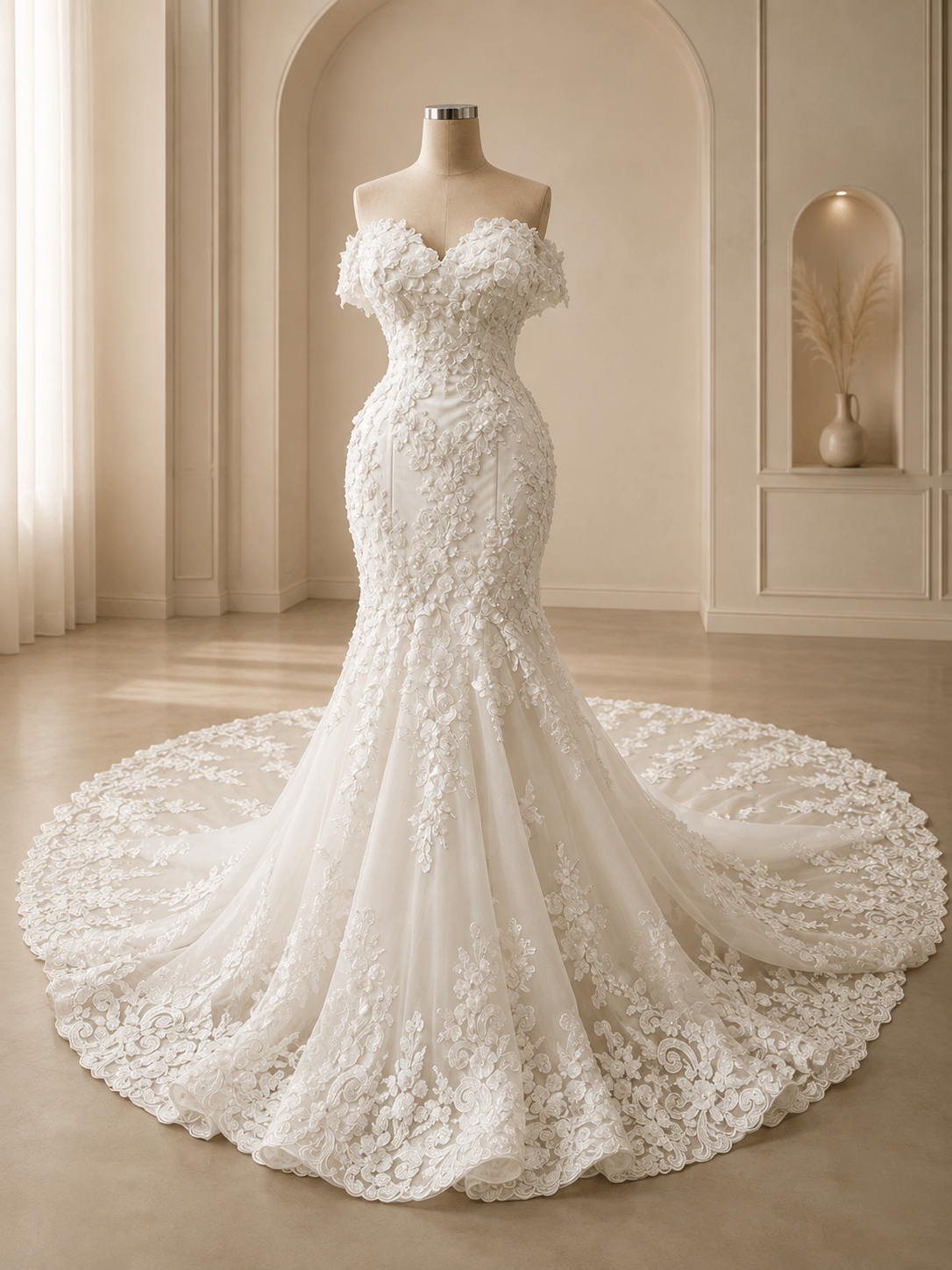 Isabella | Off-the-Shoulder Mermaid Wedding Dress with Floral Lace& Cathedral Train