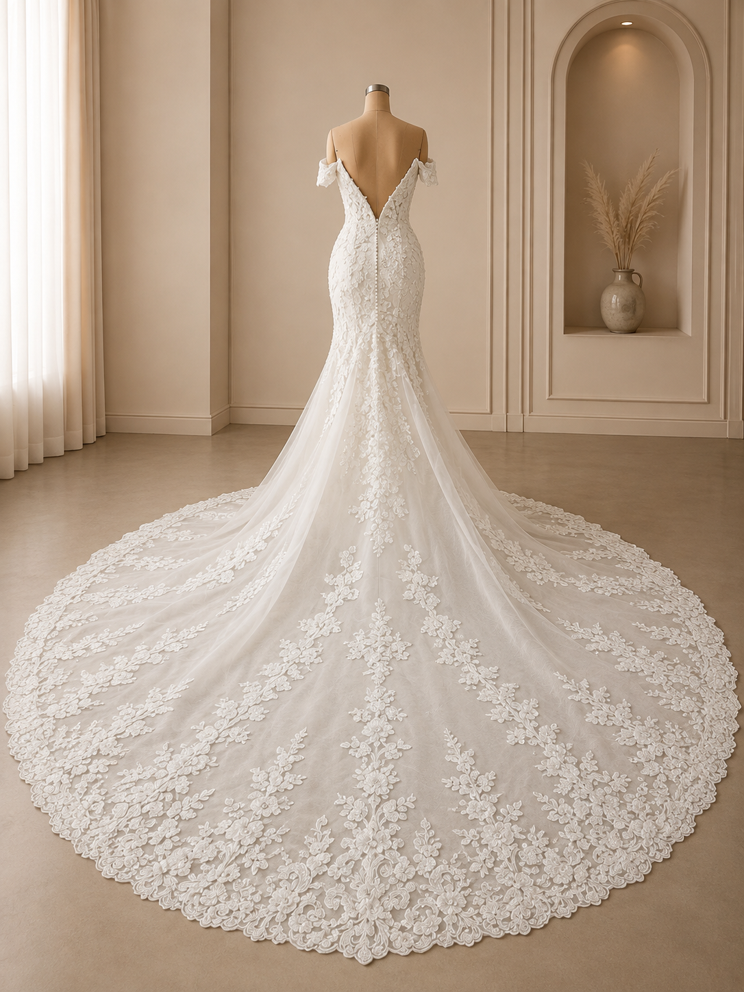 Isabella | Off-the-Shoulder Mermaid Wedding Dress with Floral Lace& Cathedral Train